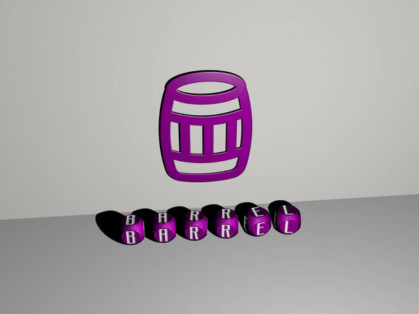 BARREL 3D icon on the wall and text of cubic alphabets on the floor, 3D illustration for background and black
