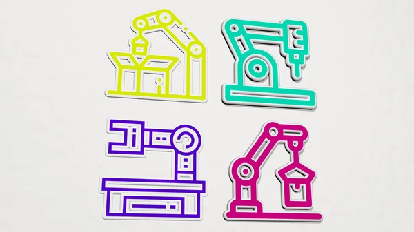 mechanical arm colorful set of icons, 3D illustration