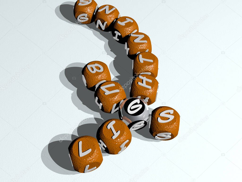 summer: lightning bugs curved crossword of cubic dice letters, 3D illustration for background and bolt