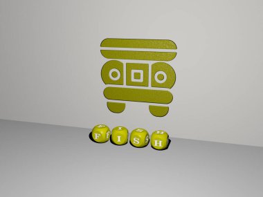 Balıkların dikey olarak 3B grafiksel görüntüsü ve üst perspektiften metalik kübik harflerle oluşturulan metinler, konsept sunumu ve resimleme ve arkaplan gösterileri için mükemmel