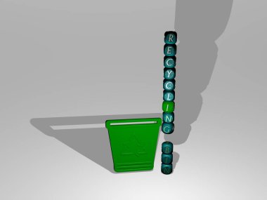 3B simgesinin yanında RECYCLING BIN metni, arkaplan ve konsept için 3B illüstrasyon