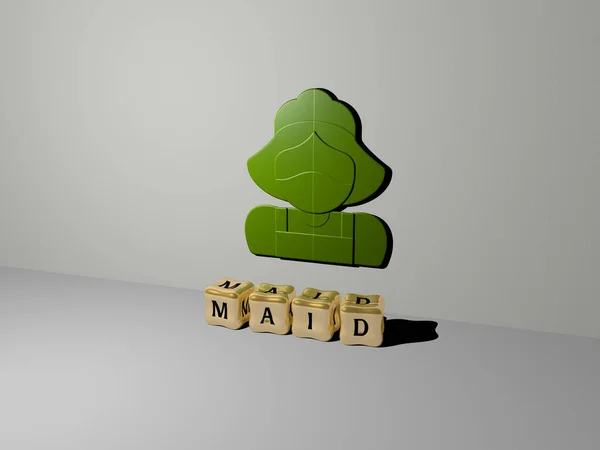 maid 3D icon on the wall and cubic letters on the floor, 3D illustration for cleaning and cleaner