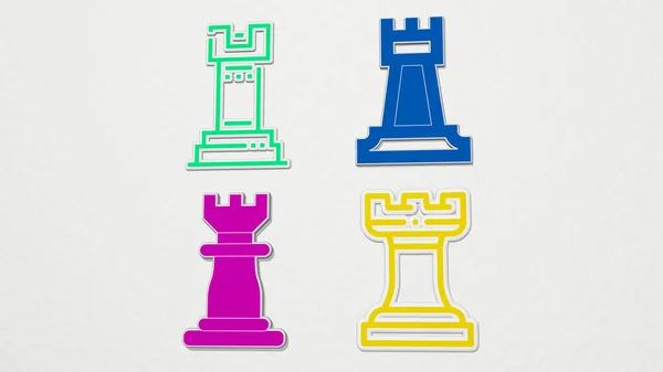 Rook Conjunto Colorido Ícones Ilustração Para Xadrez Preto — Fotografia de Stock