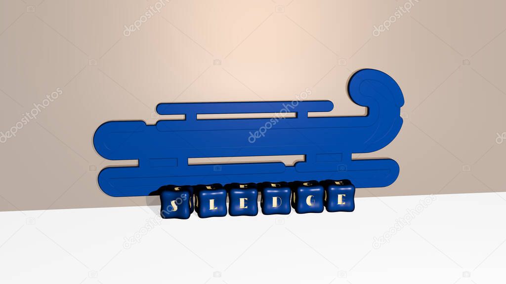 3D representation of sledge with icon on the wall and text arranged by metallic cubic letters on a mirror floor for concept meaning and slideshow presentation for winter and christmas