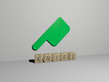 Duvarda bıçak 3D simgesi, yerde küp harfler, arka plan ve çatal için 3D illüstrasyon