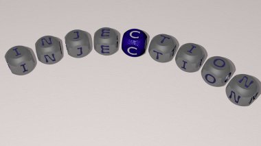 Kübik zar harflerinin iğneli metni, bakım ve doktor için 3D illüstrasyon