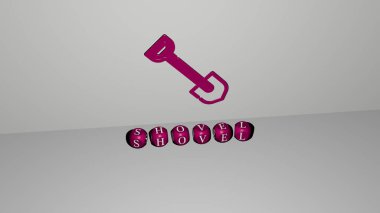 Duvarda SHOVEL 3D simgesi ve yerde kübik alfabe metni, arkaplan ve bahçe için 3D illüstrasyon