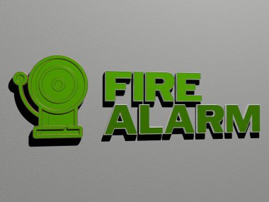 yangın alarm simgesi ve duvardaki metin, arkaplan için 3B illüstrasyon ve soyut