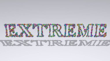 EXTREME metninin beyaz arkaplan üzerinde küçük nesneler ve macera ve illüstrasyon için eşleşen gölge ile renkli 3B yazımı