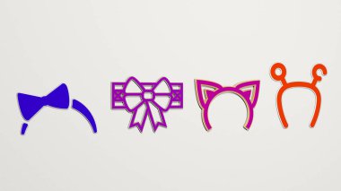 kafa bandı 4 simgesi seti, kız ve arkaplan için 3D illüstrasyon