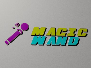 MAGIC WAND 'ın üç boyutlu grafik resmi, üst perspektiften metalik kübik harflerle oluşturulan metinlerle birlikte, tasvir sunumu ve resimleme ve slayt gösterileri için mükemmel