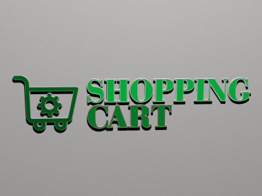Alışveriş CART simgesi ve duvarda metin, arkaplan ve iş için 3D illüstrasyon
