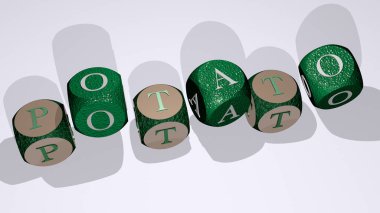 Dans eden zar harfleri ile patates metni, yemek ve arka plan için 3D illüstrasyon