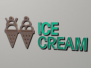 ICE CREAM simgesi ve duvardaki metin, arkaplan ve soğuk için 3D illüstrasyon