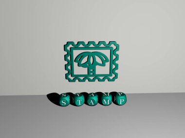 Duvarda STAMP 3D simgesi ve yerdeki kübik alfabelerin metni, grunge ve mühür için 3D illüstrasyon