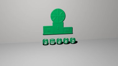 Duvardaki 3D simge ve yerdeki küp alfabelerin metni, arkaplan ve tasarım için 3D illüstrasyon