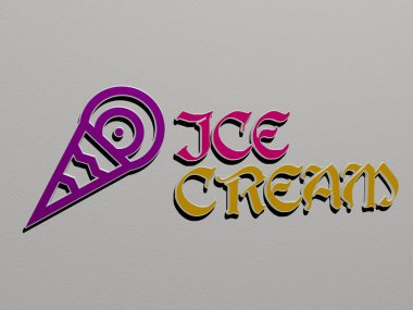 Dondurma grafiklerinin 3 boyutlu çizimi ve konseptin ilgili anlamları ve arkaplan ve soğuk hava sunumları için metalik zar harflerinin oluşturduğu metin