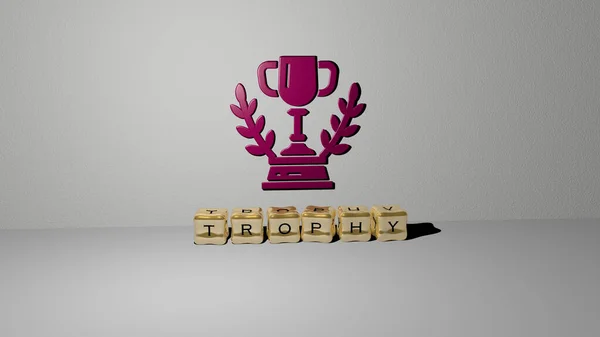 墙上的Trophy 3D图标和地板上的立方字母 3D图片说明奖和奖杯 — 图库照片