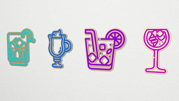 cocktails 4 icons set, 3D illustration for background and alcohol