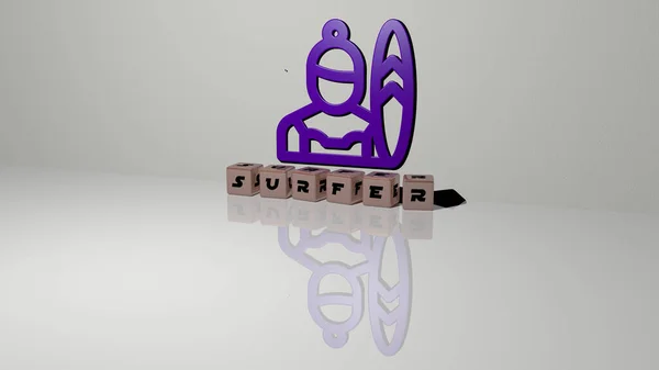 Surfer Text Würfelförmiger Buchstaben Auf Dem Boden Und Symbol Der — Stockfoto