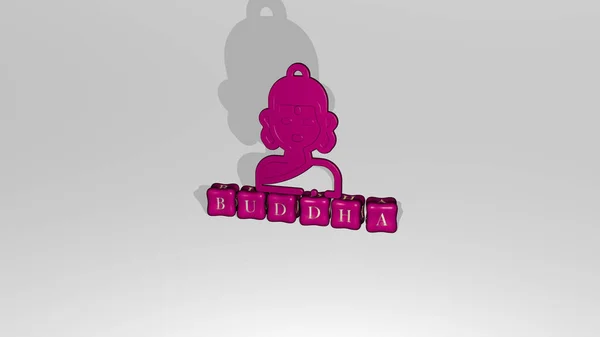 Buddha 3D图标对象上的立方字母文本 3D插图亚洲和寺庙 — 图库照片