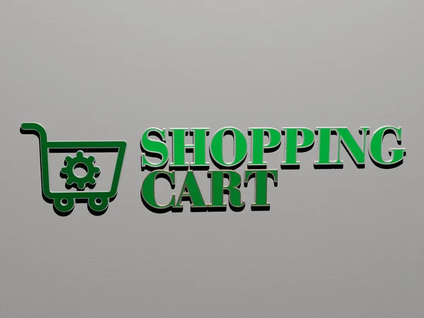 ショッピングカートのアイコンと壁にテキスト 背景やビジネスのための3Dイラスト — ストック写真