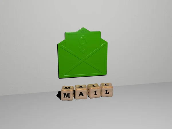 壁に3Dアイコンと床に立方体文字をメール封筒やビジネスのための3Dイラスト — ストック写真