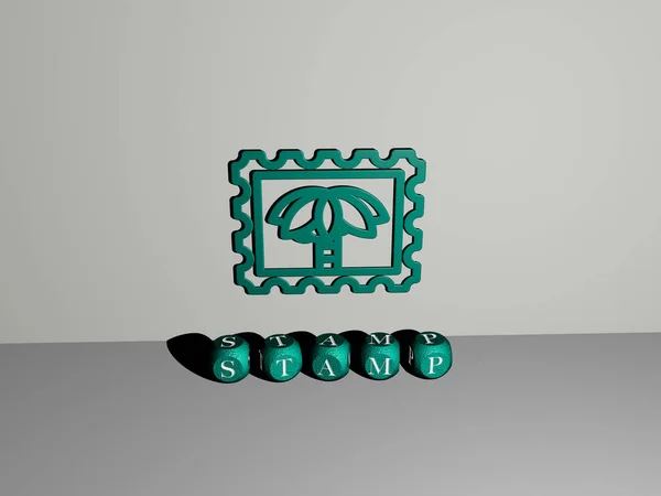 床に立方体文字の壁とテキスト上のStamp 3Dアイコン グランジとシールのための3Dイラスト — ストック写真