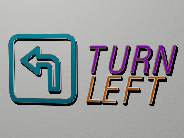 3D graphical image of TURN LEFT vertically along with text built by metallic cubic letters from the top perspective, excellent for the concept presentation and slideshows for illustration and