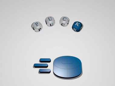 3 boyutlu simge etrafındaki ayrı harflerin PUCK dairesel metni, hokey ve buz için 3D illüstrasyon