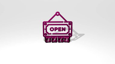 3B simge nesnesini kübik harflerin metni üzerine aç, arkaplan ve beyaz için 3D illüstrasyon