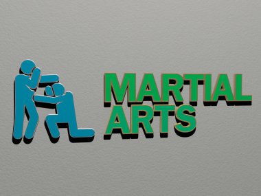 Resim ve arkaplan tanıtımı için ayna zemininde metalik kübik harflerle düzenlenmiş üç boyutlu MARTIAL ARTS simgesi ve slayt gösterisi sunumu