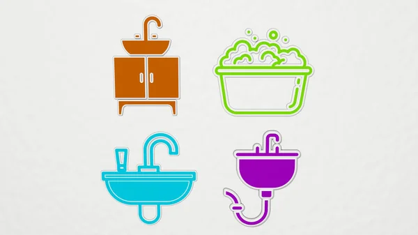 Conjunto Colorido Basin Iconos Ilustración Para Azul Fondo — Foto de Stock