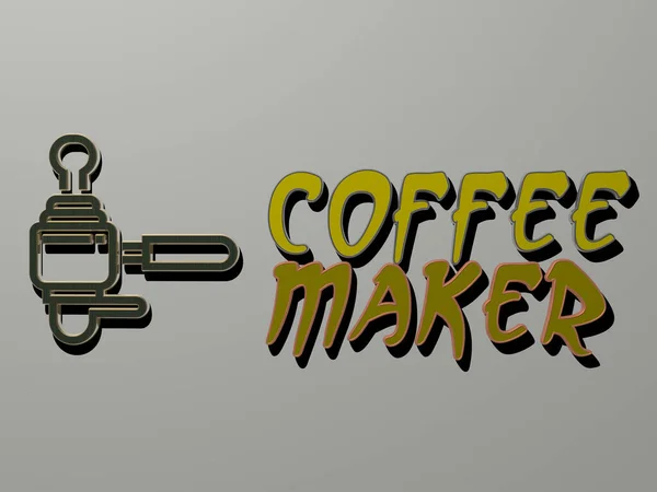 咖啡制造商的图标和墙上的文字 背景和杯子的3D插图 — 图库照片