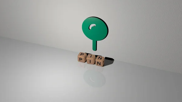 pin text of cubic dice letters on the floor and 3D icon on the wall, 3D illustration for map and background