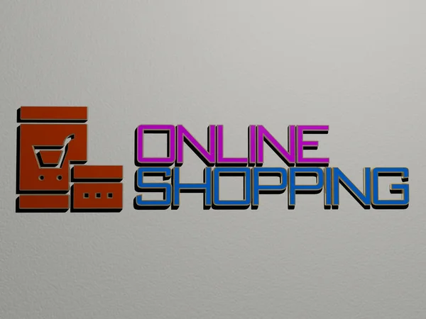 Representation Online Shopping Icon Wall Text Arranged Metallic Cubic Letters — Stock Photo, Image