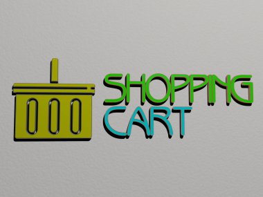 Duvarında simge olan ShoppING CART 'ın 3 boyutlu temsili ve kavram ve slayt gösterisi sunumu için ayna zemininde metalik kübik harflerle düzenlenmiş metin, 3D illüstrasyon