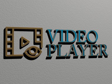 VIDEO PlayYER simgesi ve duvardaki metin, 3B illüstrasyon