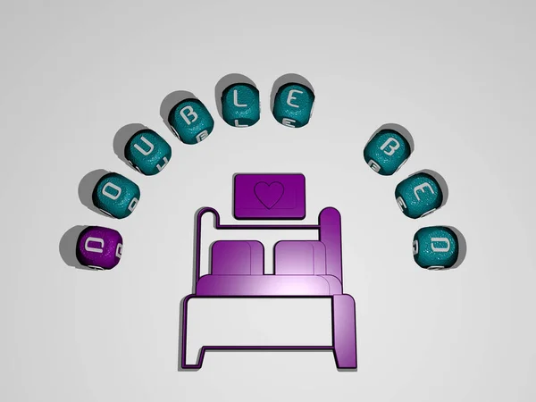 DOUBLE BED icon surrounded by the text of individual letters, 3D illustration