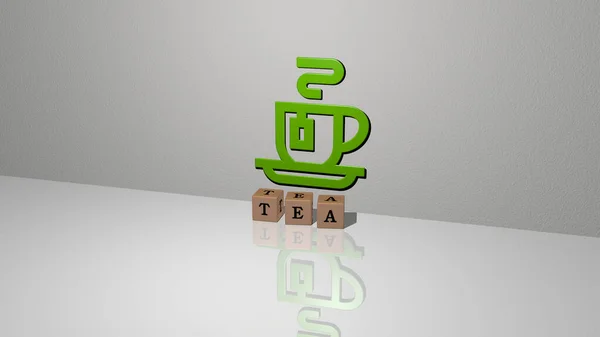 TEA text of cubic dice letters on the floor and 3D icon on the wall, 3D illustration