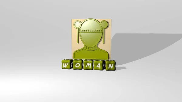 Graficzny Obraz Kobiety Pionie Wraz Tekstem Zbudowanym Metalicznymi Literami Sześciennymi — Zdjęcie stockowe
