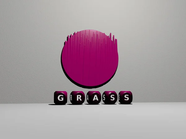 墙上的Grass 3D图标和地板上的立方字母文本 3D插图 — 图库照片