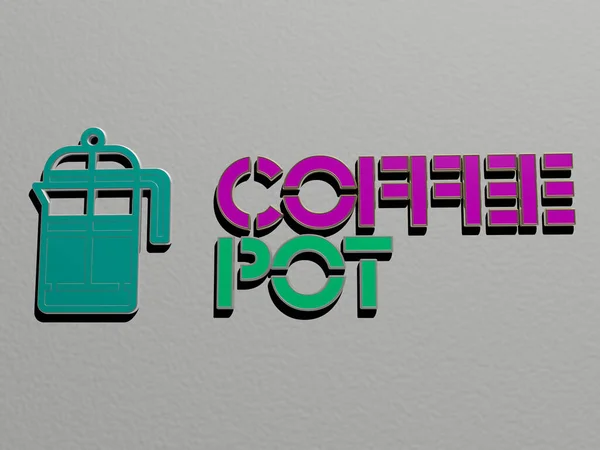 Coffee Pot的3D表示 墙上有图标 在镜面用金属立方体字母排列文本 用于概念含义和幻灯片演示 3D插图 — 图库照片