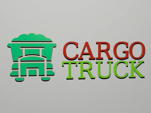 Graphical Image Cargo Truck Vertically Text Built Metallic Cubic Letters — Stock Photo, Image