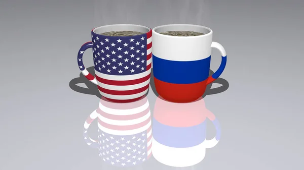 Estados Unidos América Rússia Colocado Uma Xícara Café Quente Espelhado — Fotografia de Stock