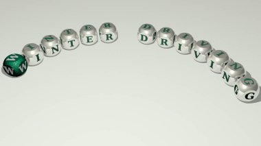 WINTER DRIVING text of dice letters with curvature, 3D illustration clipart
