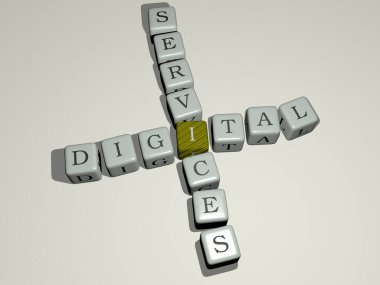 dijital hizmetler küp zar harfleriyle bulmaca, 3B illüstrasyon