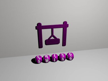 Üst perspektiften metalik kübik harflerle oluşturulan metin ile dikey olarak salıncağın 3 boyutlu grafiksel görüntüsü, konsept sunumu ve slayt gösterimi için mükemmel, 3D illüstrasyon