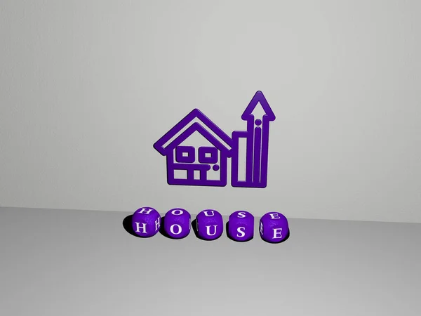 house 3D icon on the wall and text of cubic alphabets on the floor, 3D illustration