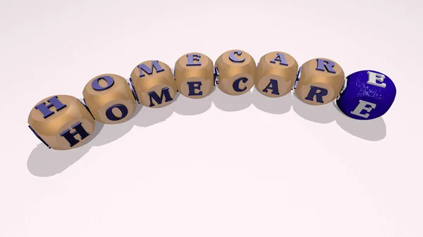 HOMECARE kombinasyonu en üst perspektiften kübik harflerle inşa edildi, konsept sunumu için mükemmel, 3B illüstrasyon